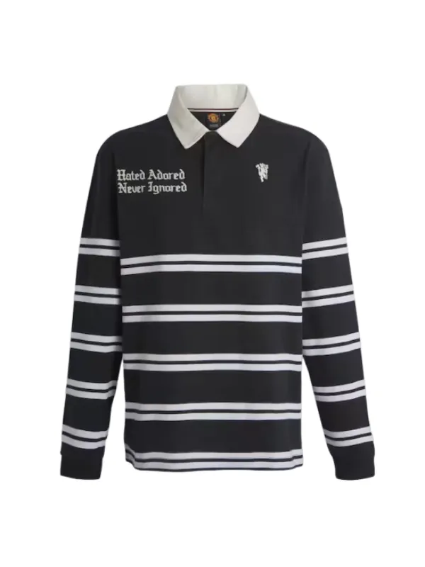 Manchester United Hated Adored Never Ignored Stripe Rugby Polo Shirt Black